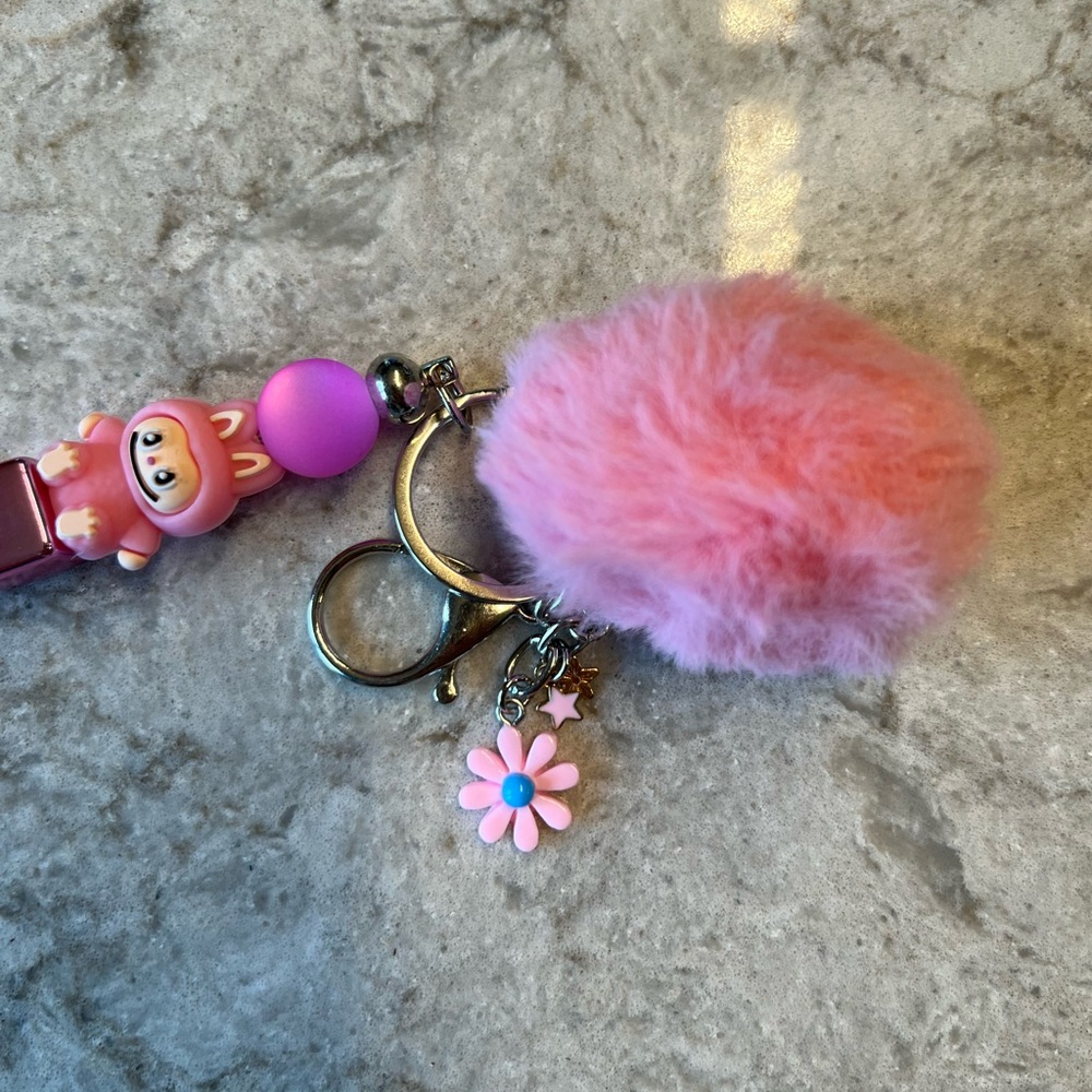 Pink Silicone Labubu Keychain with Pom Pom and Floral Accent - Picture 4 of 8
